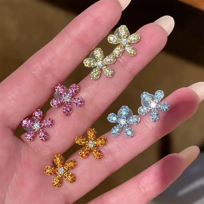 Boucles d'oreilles de luxe pour femmes, série de fleurs colorées, incrustées de diamants, uniques et élégantes, bijoux de mariage, cadeaux
