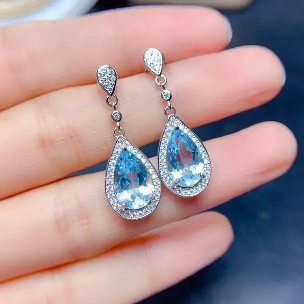 Boucles d'oreilles créoles en topaze naturelle pour femme, grande pierre bleue, argent regardé 925, 