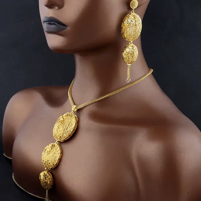 Ensemble de bijoux de luxe indien couleur or, boucles d'oreilles et collier à la mode, cadeau pour femmes, cadeaux arabes de dubaï pour fête de mariage et de mariée