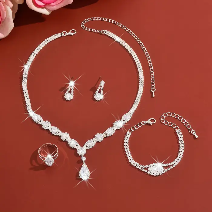 Parure de bijoux de mariée élégante en cristal transparent, collier pendentif goutte d'eau, bracelet