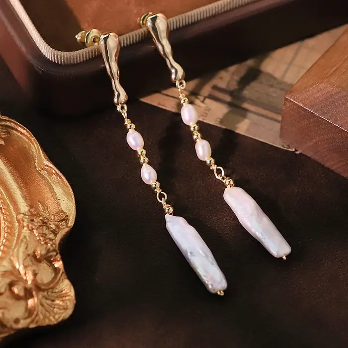 Boucles d'oreilles baroques naturelles avec pampilles en perles de cuivre, plaqué or 18 carats, de h