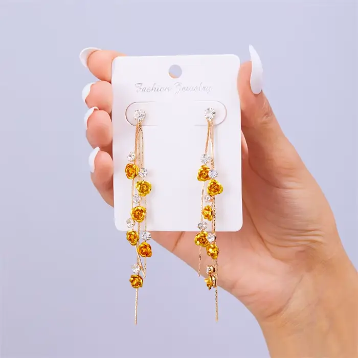 Boucles d'oreilles longues à pampilles en forme de fleur de Rose pour femmes, élégantes, brillantes,
