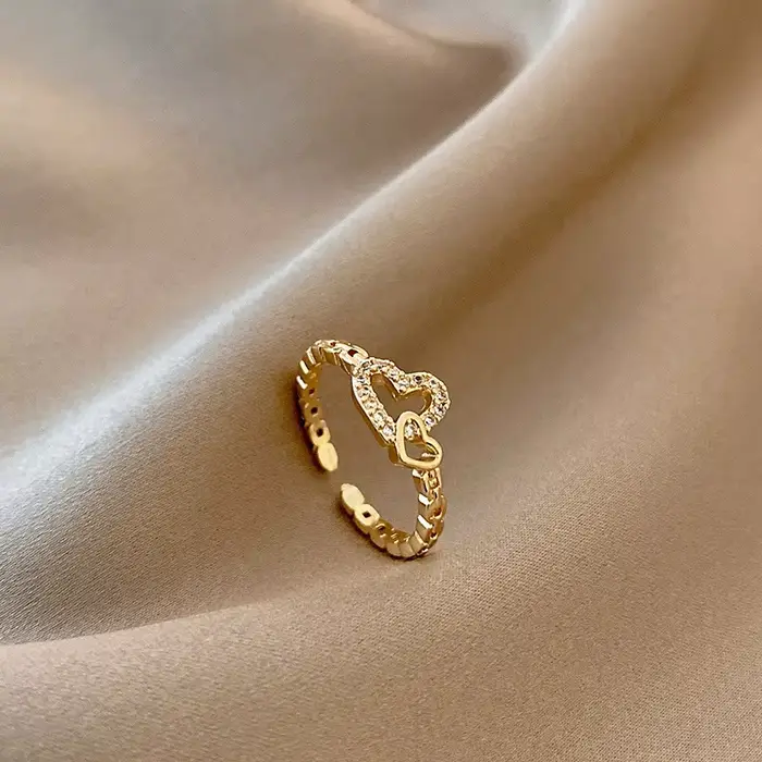 Bagues ouvertes Double cœur pour femmes, couleur or, chaîne en cristal, bijoux de fête coréenne pour