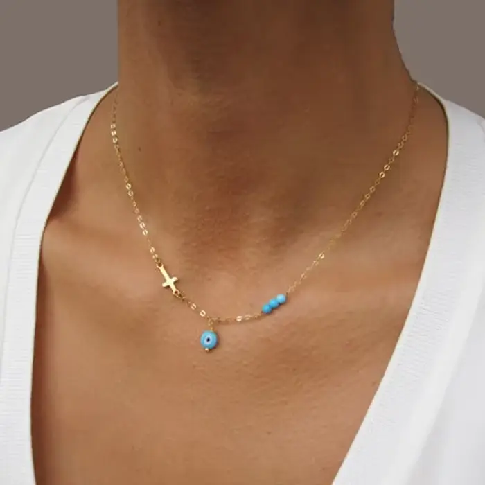 Collier pendentif croix mauvais œil, perle turquoise, tour de cou plaqué or, colliers de la présiden