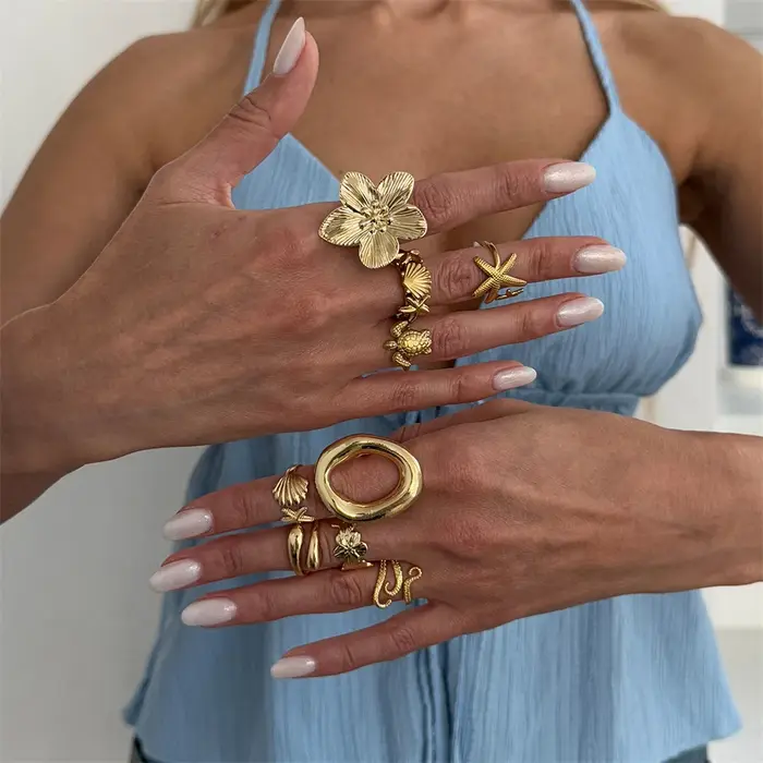 Lot de 9 bagues tropicales océaniques pour femme, tortue de mer, étoile de mer, coquillages, grandes