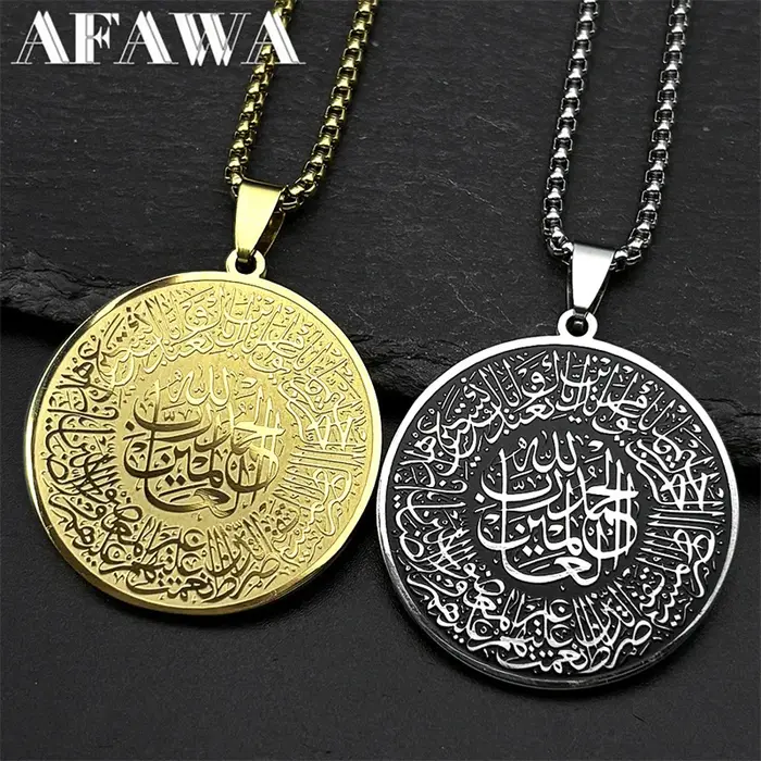 Médaille ronde islamique collier avec pendentif acier inoxydable couleur or bijou pour hommes femmes occasions spéciales partys anniversaires cadeau traditionnel