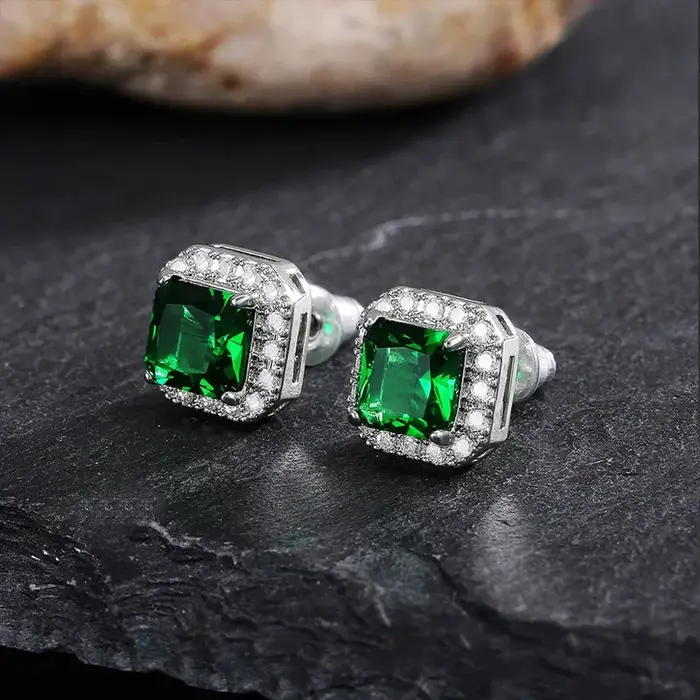 Mignon carré femme émeraude cristal vert boucles d'oreilles mode 925 en argent Sterling