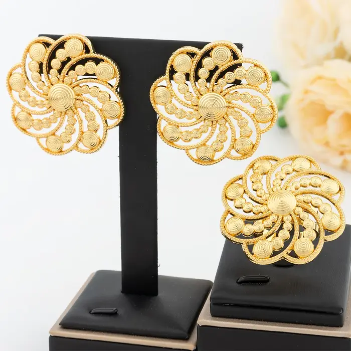 Ensembles de bijoux de Dubaï pour femmes, boucles d'oreilles en or 18 carats, matiques réglables, ca