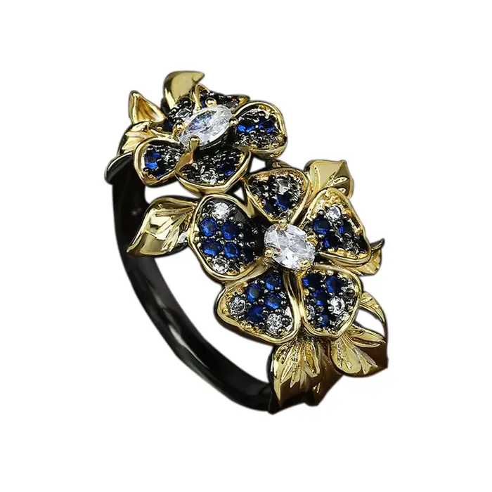 Ensemble de bijoux créatifs pour femmes, boucles d'oreilles, bague, fleur, or noir, élégant, fin, bijoux de mariage, plaqué or