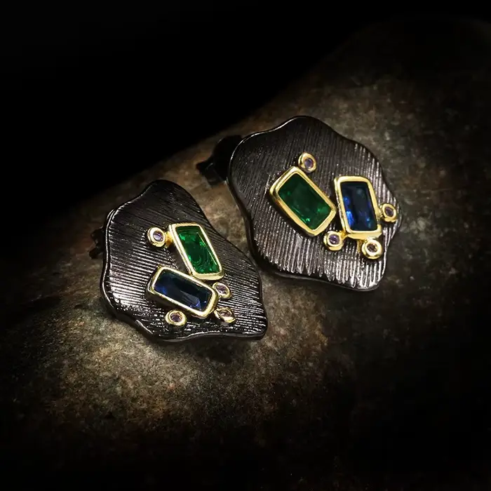 Boucles d'oreilles de luxe en argent sterling 925 avec pierres précieuses géométriques émeraudes, style rétro antique, bijoux africains, cadeau