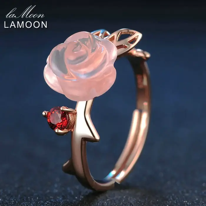 LAMOON – bague en argent Sterling 925 pour femmes, bijoux en pierre précieuse de Quartz Rose fleur, 