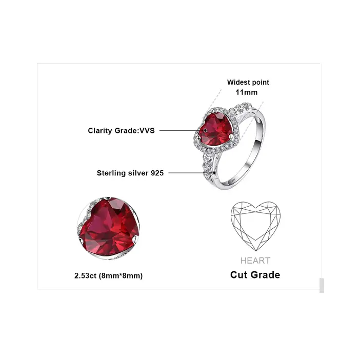 Coeur amour 2, 5 ct créé rubis rouge 925 bague en argent Sterling pour les femmes bijoux en pierres précieuses