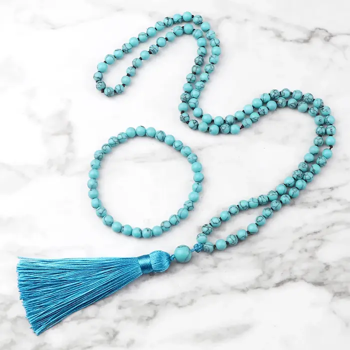 Ensemble de bracelets et collier turquoise bleu 6mm bohème avec pendentif de bénédiction pour couples et occasions spéciales
