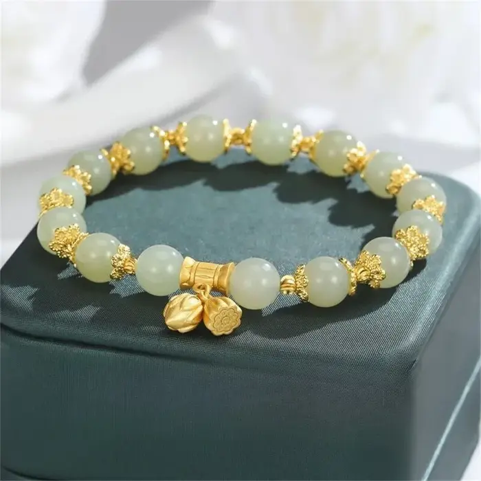 Bracelet de perles de Jade naturel, fleur de Lotus, bijoux réels, cadeaux de mode pour femmes, brelo