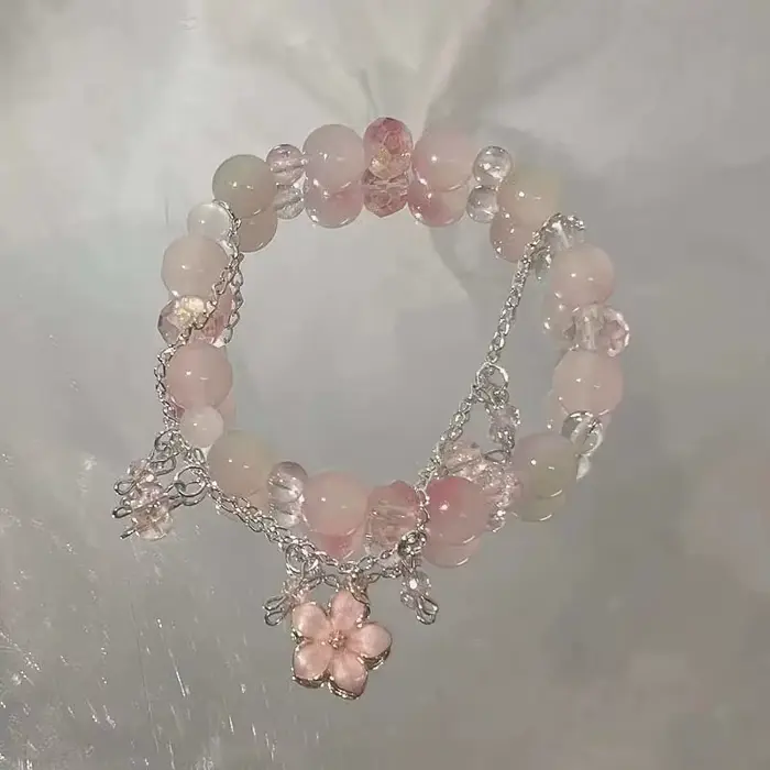 Bracelet coréen en cristal rose pour femmes, pendentif papillon, perles, chaîne de perles douces, bi