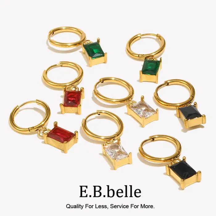 Bijoux de noël minimaliste petit rectangle Zircon pierre breloque Huggie boucles d'oreilles pour femmes en acier inoxydable coloré boucle d'oreille