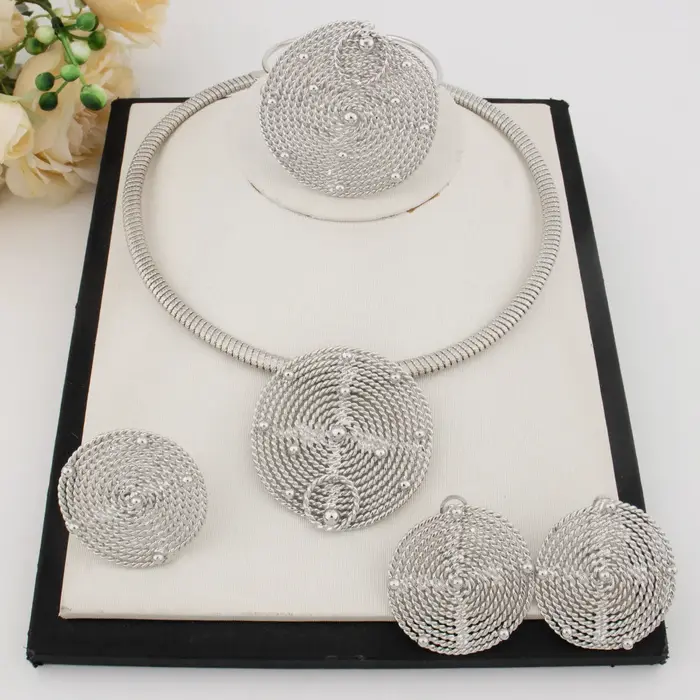 Grandes boucles d'oreilles rondes, collier, couleur argent, ensemble de bagues pour femmes, ensemble