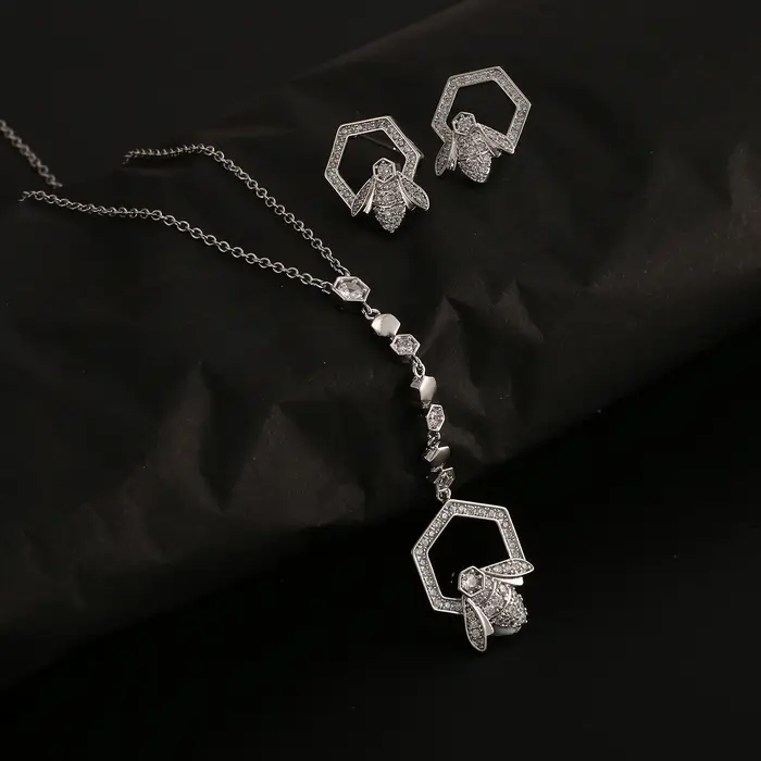 Ensemble collier et boucles d'oreilles en forme de Y plaqué or avec motif nid d'abeille pour femme, 