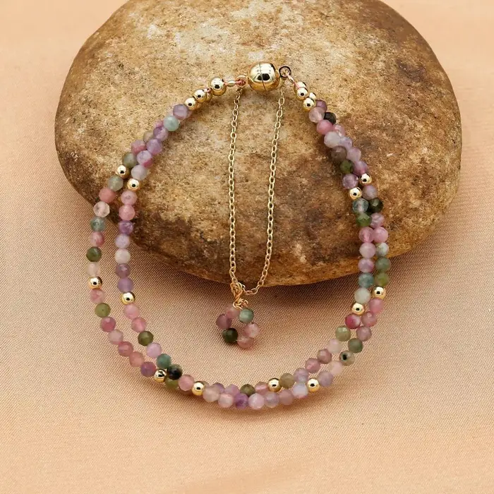 Bracelet Tourmaline Bohème Double Couche Coloré Cristal Perlé Fait Main Femmes Occasions Spéciales