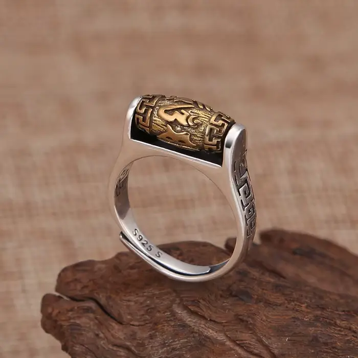 Bague Vintage en argent Sterling 925 pour hommes, perle rotative, écritures bouddhistes, bijoux à la