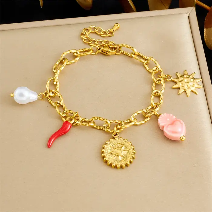 DIEYURO 316L acier inoxydable doré rond soleil corail céramique coeur perle pendentif Bracelet dame 