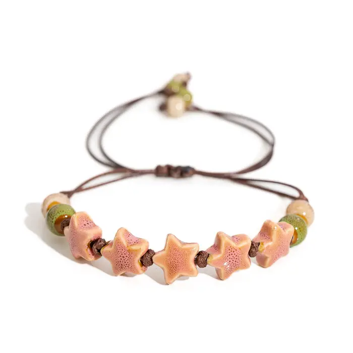 Bracelet réglable fait à la main avec pentagramme, perles en céramique, cordon de cire, bijoux pour 