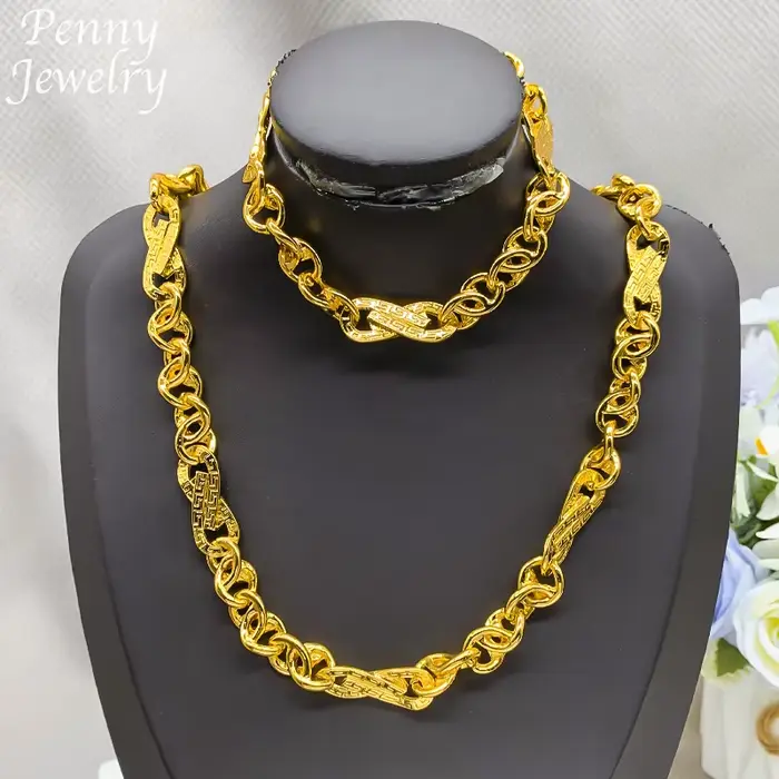 Ensemble de bijoux plaqué or 22 carats de Dubaï pour hommes et femmes, collier et bracelet hip-hop, bijoux de fiançailles tendance pour les fêtes et les mariages