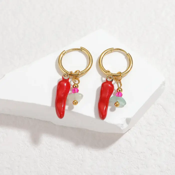 Boucles d'oreilles chili cerise fraise pour femmes, en acier inoxydable, goutte d'huile, rondes, nou