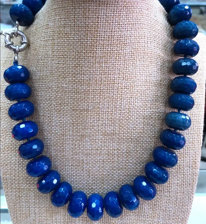 Nouveau collier de bijoux énorme 12x18mm rond à facettes bleu Jade boulier perles collier 18