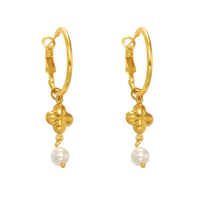 Liora Chic Imitation perle croix boucles d'oreilles pour femmes PVD plaqué or en acier inoxydable hy