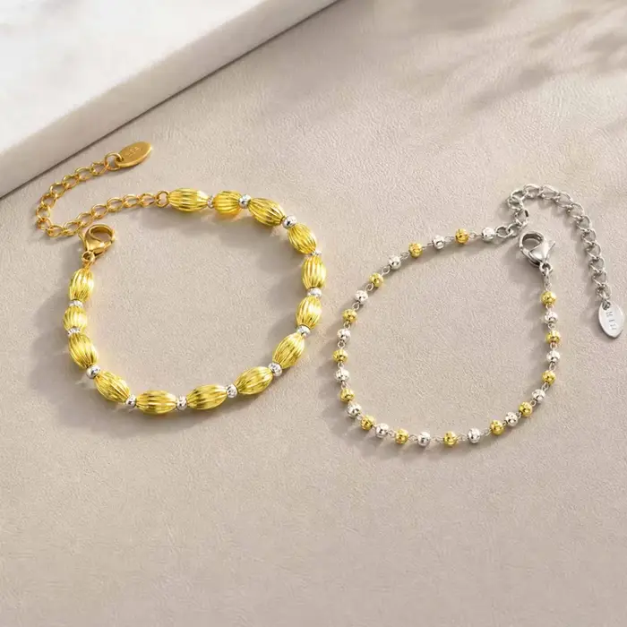 Bracelet à billes texturées bicolores pour femmes, chaîne délicate en acier inoxydable plaqué or 18 carats, résistant au ternissement et à l'eau