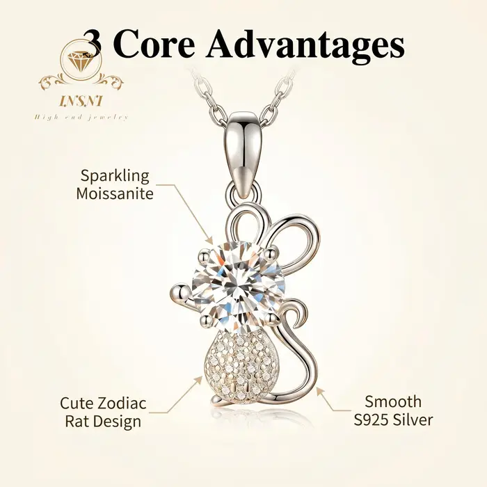 Collier pendentif souris de dessin animé en moissanite