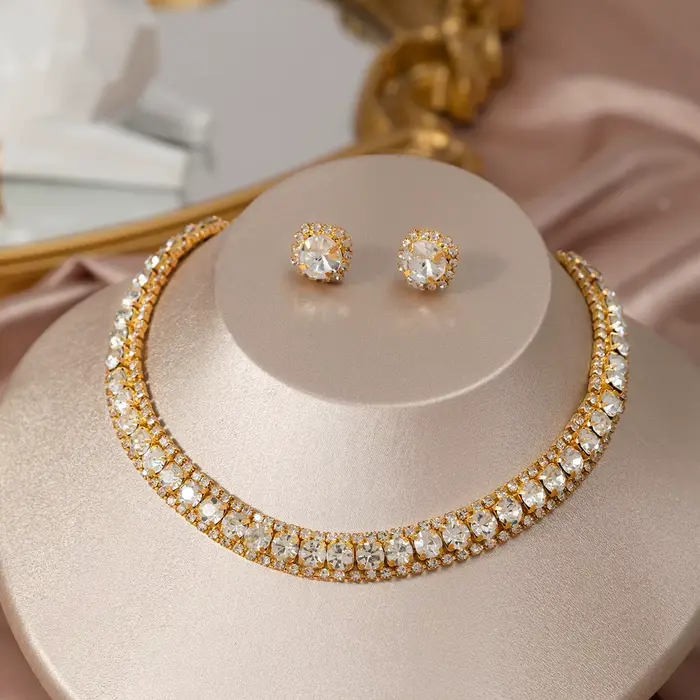 Collier et boucles d'oreilles décorés de strass pour femmes, ensemble de bijoux tendance, accessoire