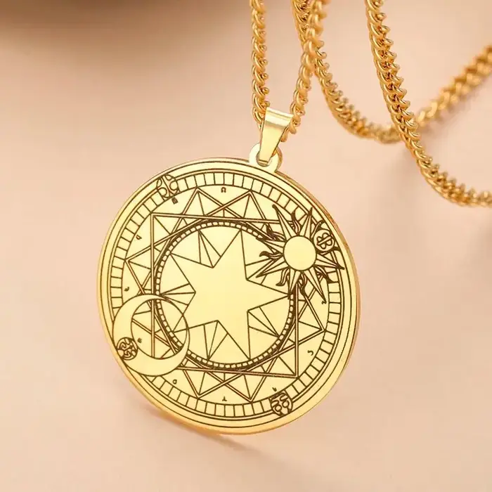 Amulette Magique Sun Sakura en Acier Inoxydable Cercle Magic Porte-Bonheur Collier Bijoux Unisexe Occasions Spéciales