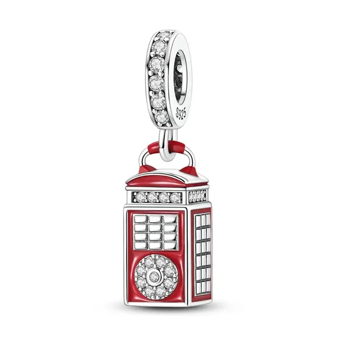 Breloque en argent Sterling 925 véritable, perle rouge, pendentif de cabine téléphonique pour femmes