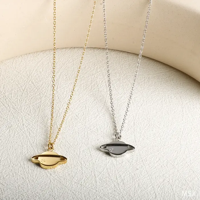Collier d'amitié Lune et Saturne, Parure de Bijoux Géométrique en Acier Inoxydable Plaqués Or Argent Antique, Ensemble de Collier et Bracelet Mode Femme Occasions Spéciales