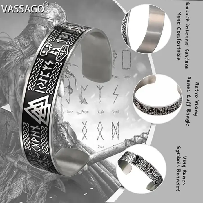 Bracelet viking homme avec runes nordiques Mjolnir Vegvisir plaqué argent acier inoxydable pour hommes occasions spéciales ```