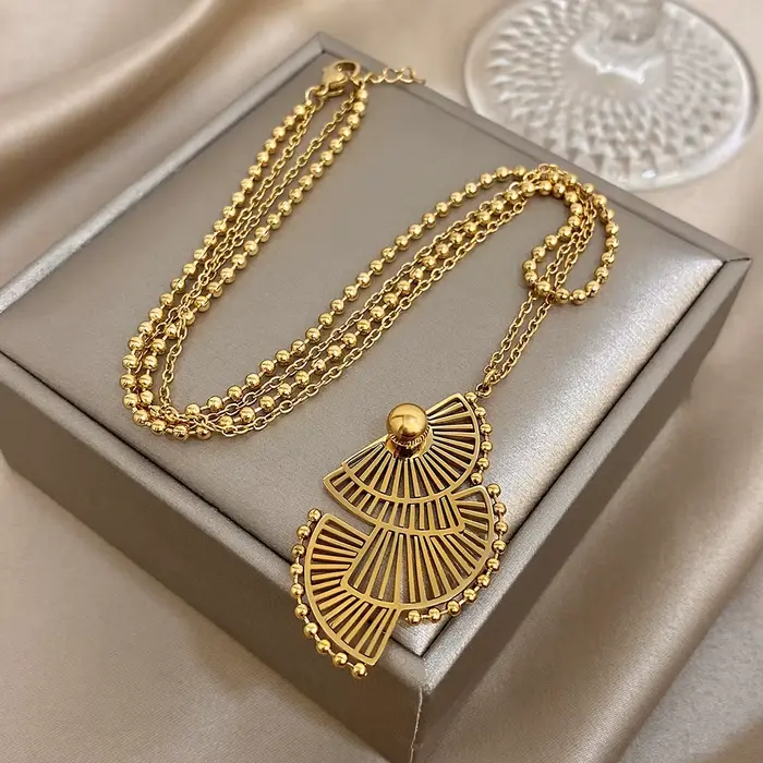 Greatera – pendentif en forme d'éventail à trois couches, collier de perles à Double chaîne, Design 