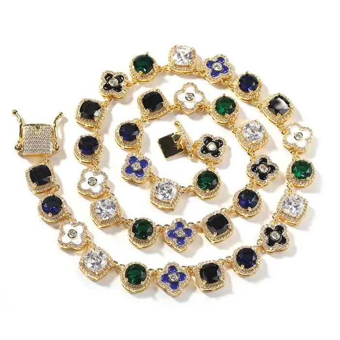 Uwin – collier carré en Zircon coloré, chaîne en émail à fleurs, entièrement glacé, Zircon cubique, 