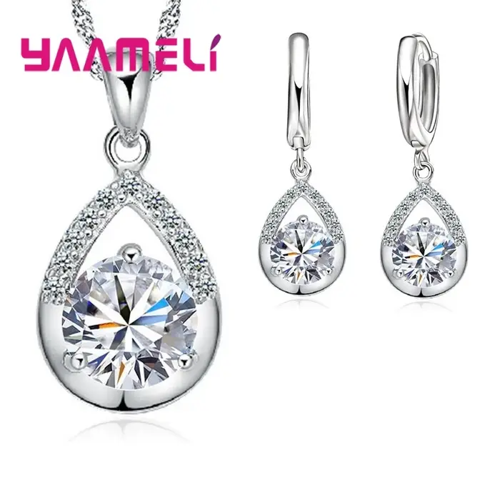 Ensembles de bijoux de mariée en argent Sterling 925 Style romantique goutte d'eau cristal autrichien femmes collier de fiançailles boucles d'oreilles