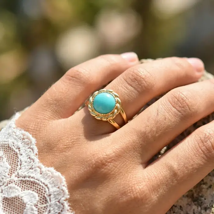 Bague Turquoise Vintage Fleur Plaqué Or Acier Inoxydable Ouverte pour Femme Bijou Tendance