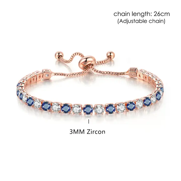 Bracelets de Tennis pour femmes, bijou Simple, rond bleu, 3x3mm, Zircon, couleur or Rose, cadeaux co