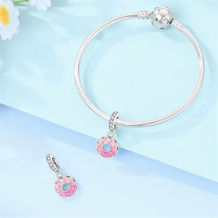 Breloques en argent sterling 925 en forme de donut rose avec zircon, perles pendantes compatibles avec bracelet original de 3 mm, bijoux DIY pour femme, cadeau d'anniversaire ou de fête