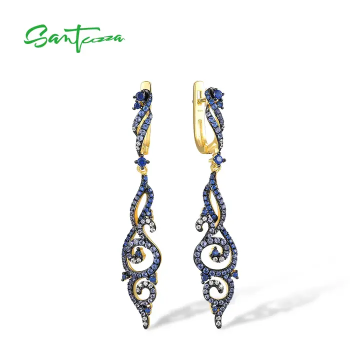 SANTUZZA-Boucles d'Oreilles en Argent Sterling 925 pour Femme, Bijoux Longs Linéaires Fins et Élégants, Spinelle Bleue/Caractère Cubique, Contre-indiqué