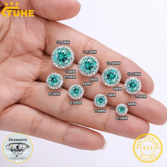 TUHE unisexe classique rond émeraude VVS1 Moissanite boucle d'oreille pour les femmes bijoux fins de luxe mariage 925 argent boucle d'oreille cadeau