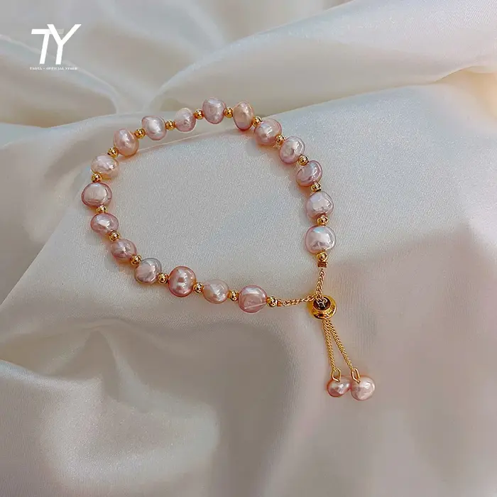 Bracelet de perles naturelles baroques élégant pour femme avec chaîne en alliage de cuivre doré pour toutes les occasions