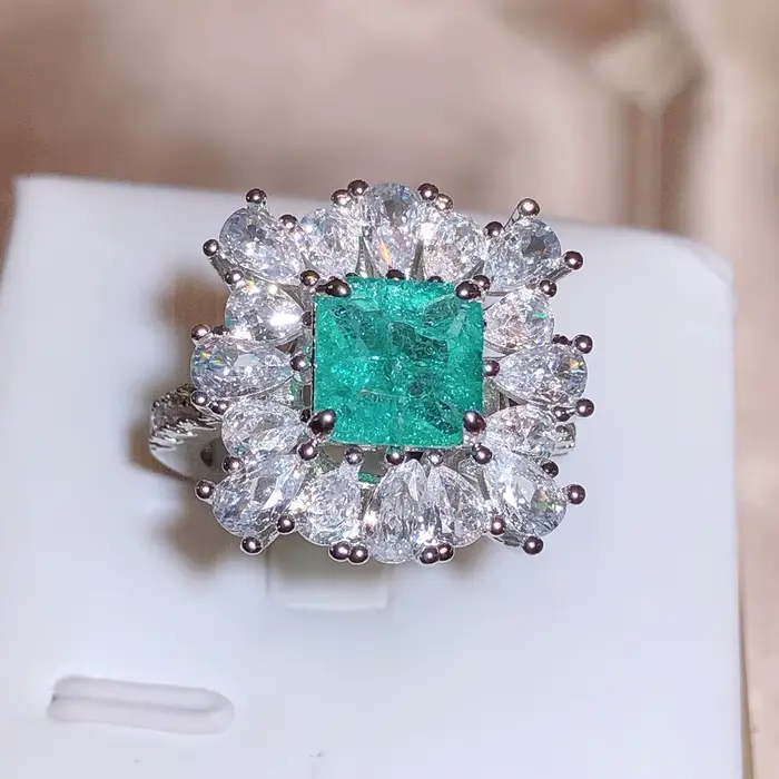Grande bague Paraiba couleur argent pour femme, bijou Vintage, tendance, Design, promesse de fiançai