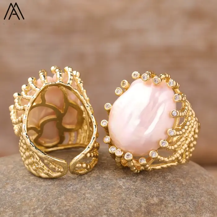 Bague de fiançailles en perle naturelle plaquée or, bande réglable, ensemble de zircone tendance, bijoux exquis, cadeau romantique, bague pour femme
