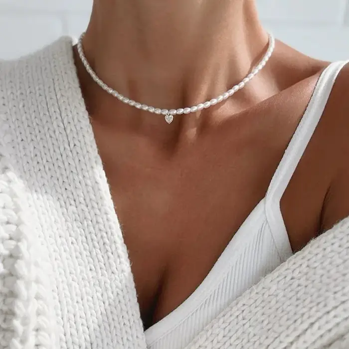 Collier pendentif coeur en cristal pour femmes, style Boho Barlotte, chaîne de perles d'imitation, b