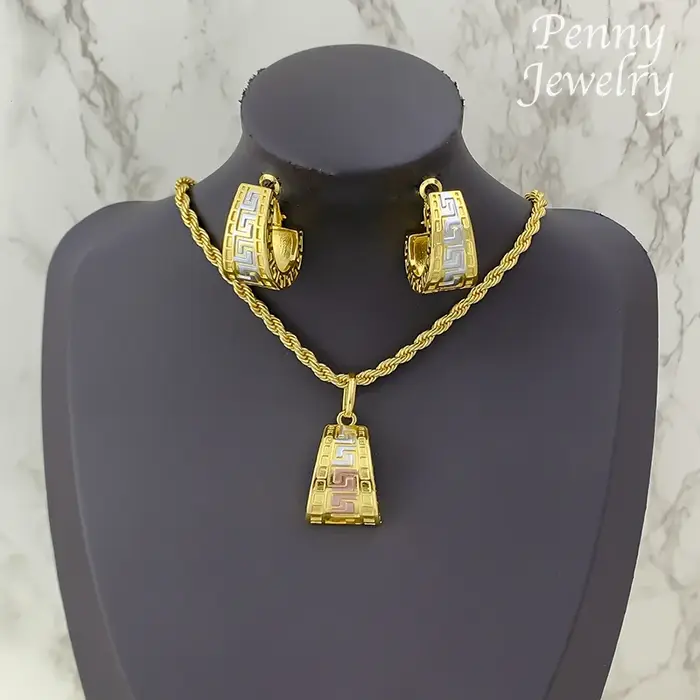 Ensemble de bijoux plaqués or 3 tons pour femmes, 2 pièces, pendentif avec chaîne, boucles d'oreille